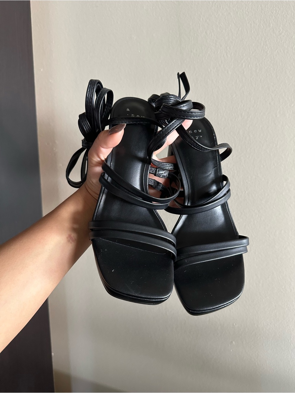 Black Square Toe Block Lace Up Heels